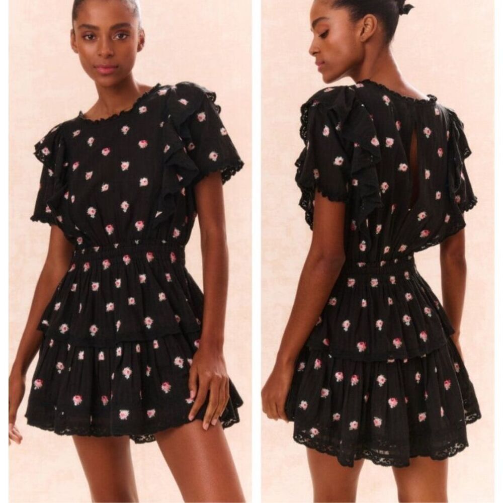 NWT LOVESHACKFANCY natasha dress in black combo, Lrg $375